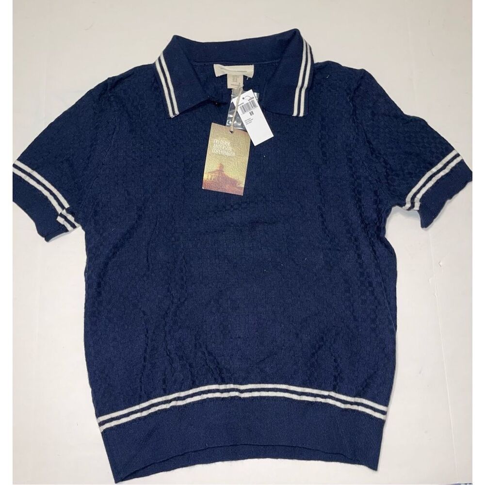 Frederik Anderson Copenhagen Luxury Knit Blue Print Collared golf sweater Polo M